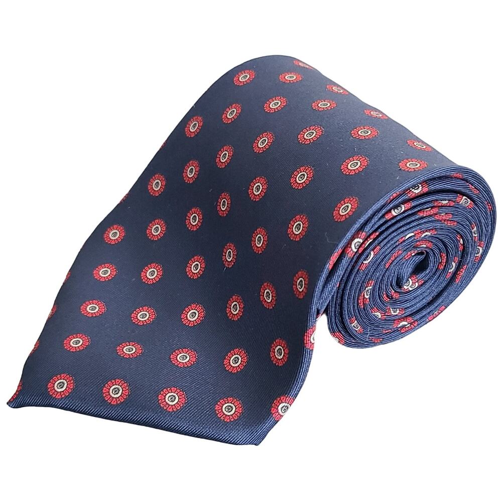 Oscar de la Renta Navy Red Neat Medallion Dot Silk Necktie Made in USA 55x4